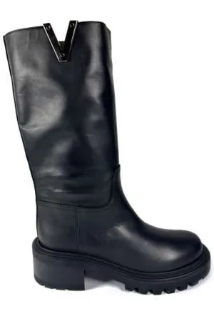 Via Roma Schoenen, Dames, Zwart, 38 EU, Leer, Zwarte leren Biker met zilveren V