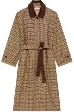 Kenzo Mantels, Dames, Bruin, S, Wol, Prince of Wales Wollen Trenchcoat