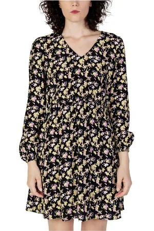 JACQUELINE DE YONG Kleedjes, Dames, Zwart, M, Bloemen V-hals Lange Mouw Jurk