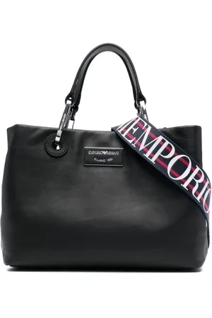 Emporio Armani Tassen, Dames, Zwart, ONE Size, Leer, Logo-Plaque Leren Tote Bag