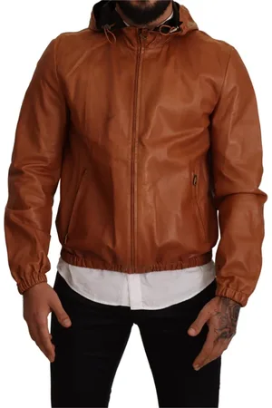 Dolce & Gabbana Jassen, Heren, Bruin, M, Leer, Bruin Leren Lambskin Hooded Coat Jas