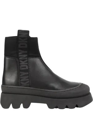 DKNY Schoenen, Dames, Zwart, 36 EU, Leer, Leren Chelsea Laarzen met Klittenbandsluiting