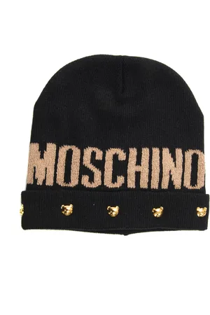 Moschino Accessoires, Dames, Zwart, ONE Size, Wol, Logo Hoed met Opgestikte Manchetten en Contrastdetails