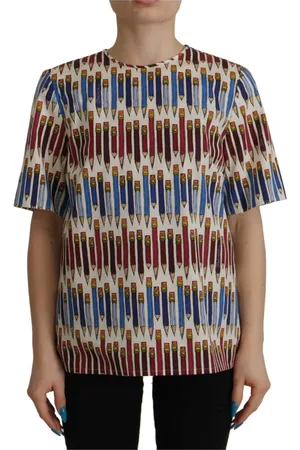 Dolce & Gabbana Tops, Dames, Veelkleurig, XS, Katoen, Witte Pencil Print Katoenen Blouse