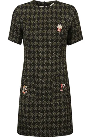5 PROGRESS Kleedjes, Dames, Groen, M, Wol, Houndstooth Wolmix Korte Jurk