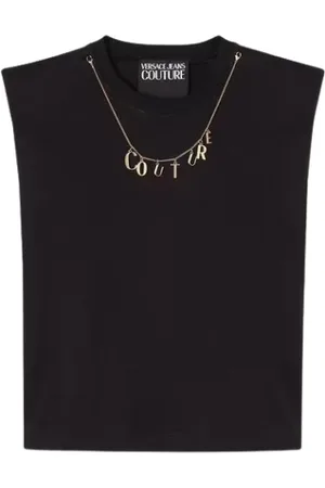 VERSACE Tops, Dames, Zwart, L, Katoen, Zwarte Mouwloze Katoenen Shirt met Charms