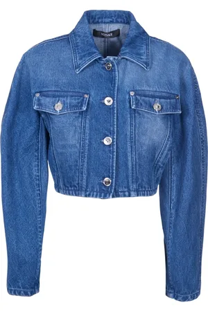 VERSACE Jassen, Dames, Blauw, S, Denim, Metalen Pinafore Jassen