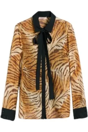 Twin-Set Blouses & Shirts, Dames, Bruin, L, Chiffon, Animal Print Chiffon en Zijden Shirt