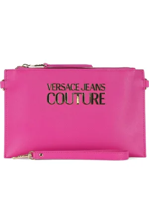 VERSACE Tassen, Dames, Roze, ONE Size, Polyester, Logo Front Saffiano Clutch