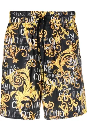 VERSACE Korte broeken, Heren, Zwart, M, Polyester, Shorts met Barokprint en Elastische Tailleband