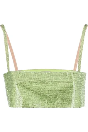 Nué Notes Tops, Dames, Groen, S, Groene Rhinestone Zijden Crop Top