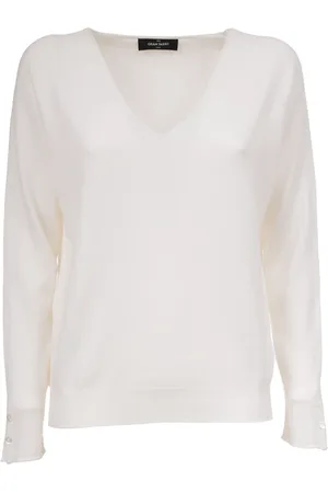 Gran Sasso Truien, Dames, Wit, L, Kasjmier, Cashmere Trui met V-Hals