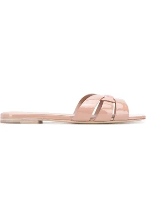 Saint Laurent Schoenen, Dames, Roze, 39 1/2 EU, Leer, Platte sandalen van poederroze leer