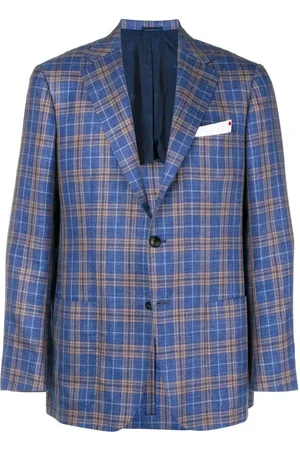 Kiton Jassen, Heren, Blauw, L, Linnen, Geruite Single Breasted Blazer