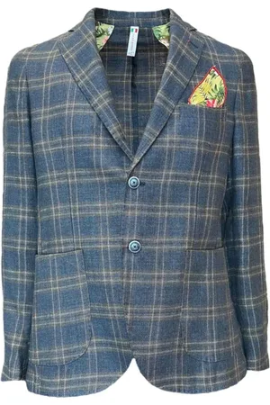 0-105 Jassen, Heren, Blauw, M, Katoen, Blauw Geruite Herenjas met Zakken