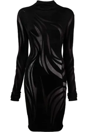MUGLER Kleedjes, Dames, Zwart, L, Zwarte Chenille Textuur Transparante Panel Jurk