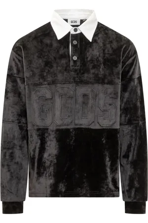 GCDS Tops, Heren, Zwart, S, Zwarte fluwelen polo met lange mouwen