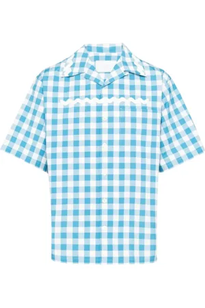 Prada Overhemden, Heren, Blauw, M, Katoen, Oversized korte mouw katoenen Vichy shirt