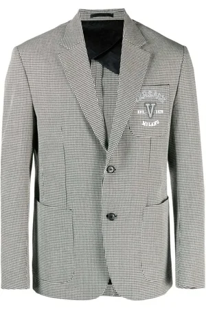 VERSACE Jassen, Heren, Zwart, 2Xl, Wol, Geborduurde Houndstooth Blazer