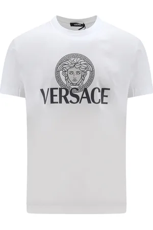 VERSACE Tops, Heren, Wit, L, Katoen, Iconisch Print Jersey Katoenen T-Shirt