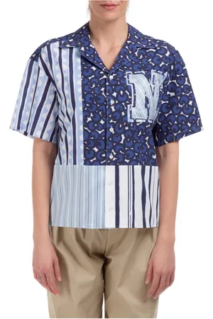 Neil Barrett Overhemden, Dames, Blauw, M, Katoen, Abstract Multikleur Knoopshirt