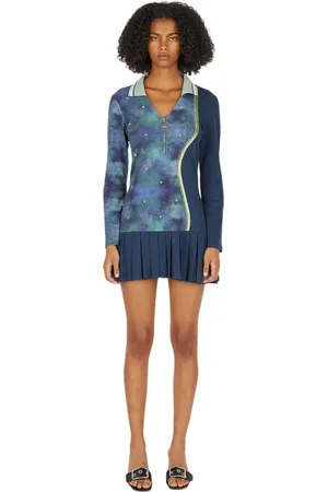 Ahluwalia Kleedjes, Dames, Blauw, M, Katoen, Geplooide jurk met spread kraag