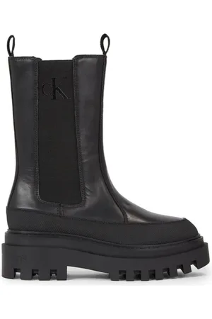 Calvin Klein Schoenen, Dames, Zwart, 38 EU, Leer, Zwarte Flatform Chelsea Enkellaarzen