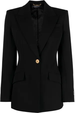 VERSACE Jassen, Dames, Zwart, S, Wol, Zwarte Stretch Wol Informele Jas