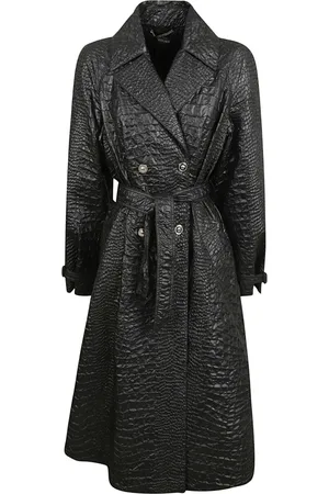 VERSACE Mantels, Dames, Zwart, S, Leer, Zwarte Trenchcoat met Verantwoorde Stof