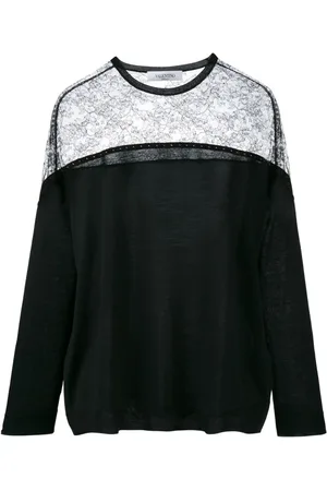 VALENTINO Sweatshirts & Hoodies, Dames, Zwart, S, Wol, Zwarte lichtgewicht wollen trui met kanten schouder