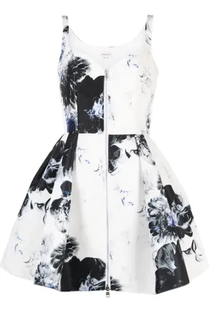Alexander McQueen Kleedjes, Dames, Blauw, S, Leer, Blauwe Bloemen Jacquard Jurk