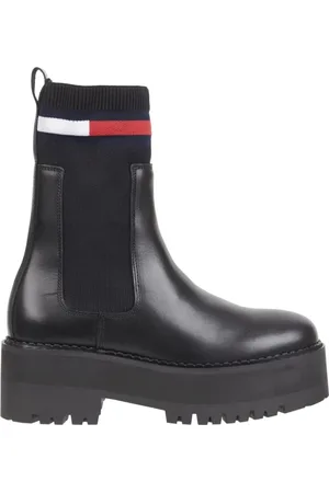 Tommy Hilfiger Schoenen, Dames, Zwart, 40 EU, Leer, Zwarte Flatform Chelsea Sock Enkellaarzen