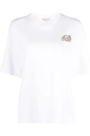 Alexander McQueen Tops, Dames, Wit, S, Katoen, AMQ Seal Logo Kristal Geborduurd T-shirt