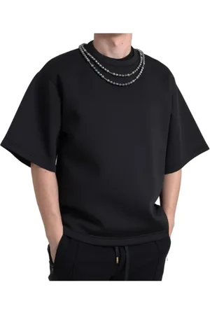 Dolce & Gabbana Tops, Heren, Zwart, M, Polyester, Zwarte Ketting Versierde T-shirt