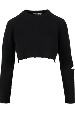 A PAPER KID Truien, Dames, Zwart, L, Katoen, Zwarte Crop Sweatshirt met Split en Logo Tag