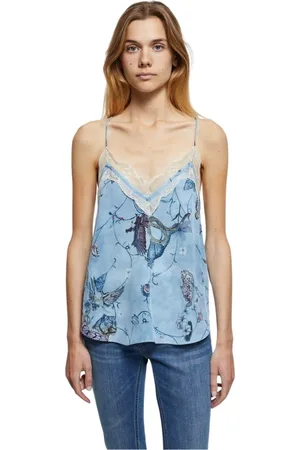 Zadig & Voltaire Tops, Dames, Blauw, M, Zijden Top met Kant