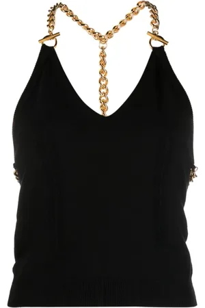 Moschino Tops, Dames, Zwart, S, Wol, Zwarte Gebreide V-Hals Top met Ketting-Link Bandjes