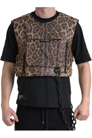 Dolce & Gabbana Jassen, Heren, Bruin, S, Leopard Zijden Mouwloze Sportswear Vest