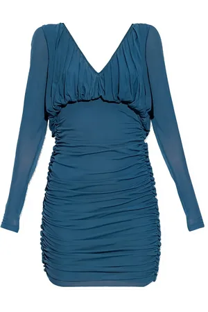 Saint Laurent Kleedjes, Dames, Blauw, S, Jurk met lange mouwen en V-hals