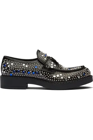 Prada Schoenen, Heren, Zwart, 40 EU, Leer, Zwarte Rhinestone Leren Loafers