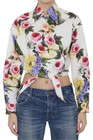 Dolce & Gabbana Blouses & Shirts, Dames, Veelkleurig, S, Katoen, Witte Giardino Print Crop Shirt