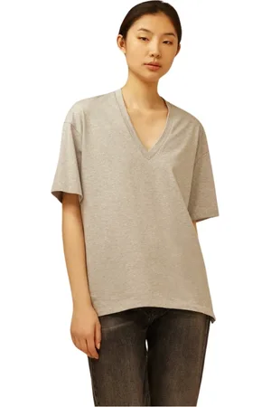 SEMICOUTURE Tops, Dames, Grijs, M, Katoen, Katoenen Gebreid T-Shirt met V-Hals