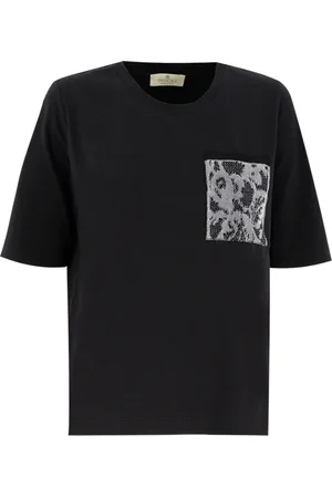 PANICALE Tops, Dames, Zwart, L, Katoen, Geborduurd Crew Neck T-shirt