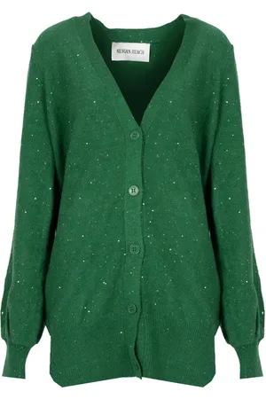 Silvian Heach Truien, Dames, Groen, S, Pailletten, Trendy V-hals Cardigan met Pailletten en Metallic Draad