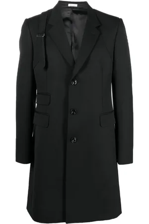 Alexander McQueen Mantels, Heren, Zwart, L, Wol, Zwarte Wolen Jas met Enkele Rij Knopen en Harnas Schouder