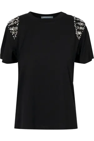 Alberta Ferretti Tops, Dames, Zwart, M, Katoen, Zwart Crew-neck Katoenen T-shirt met Schouderapplicaties