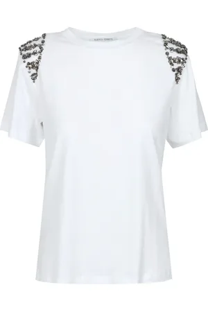 Alberta Ferretti Tops, Dames, Wit, S, Katoen, Witte katoenen T-shirt met applicaties op de schouders