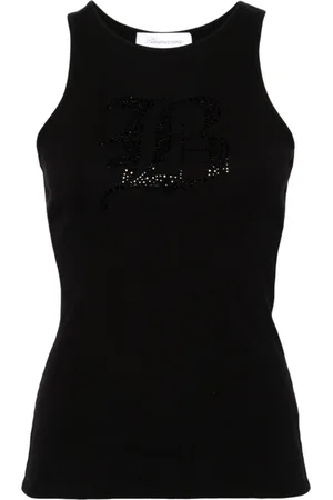 BLUMARINE Tops, Dames, Zwart, M, Katoen, Zwarte Geribbelde Gebreide Top met Strass Versiering