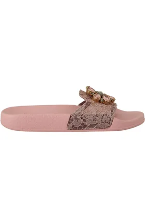 Dolce & Gabbana Schoenen, Dames, Roze, 36 EU, Katoen, Lace Crystal Sandalen Slides