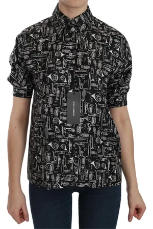 Dolce & Gabbana Blouses & Shirts, Dames, Zwart, XS, Zwart Blouse met Kraag en Muziekinstrumenten